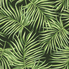 Coconut palm green leaves watercolor seamless pattern. Rainforest plant background hand drawn illustration for summer designs. Exotic tropical greenery for packaging, textile, wallpaper, scrapbooking. © susie_p_art