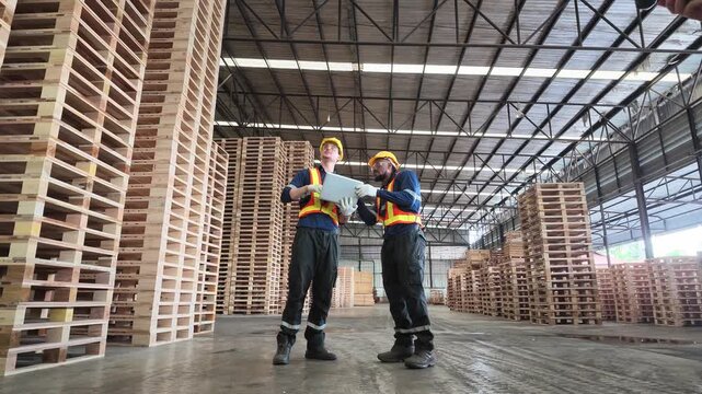 Two industrial workers in safety gear review plans inside a large wooden pallet manufacturing warehouse, surrounded by stacked timber pallets and production materials.
