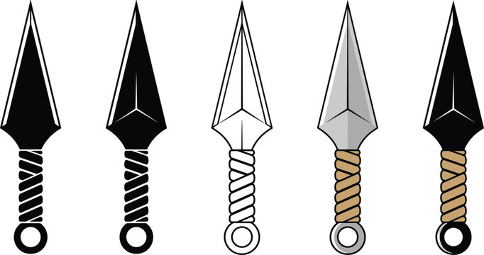 Japanese kunai ninja knife dagger vector icon set featuring traditional stealth weapon and martial arts combat tool symbols.eps