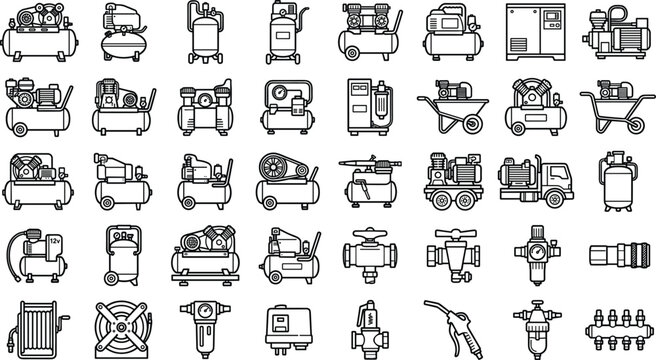Air compressor and pneumatic tool line icon set featuring portable tank pressure regulator hose reel and equipment collection.eps