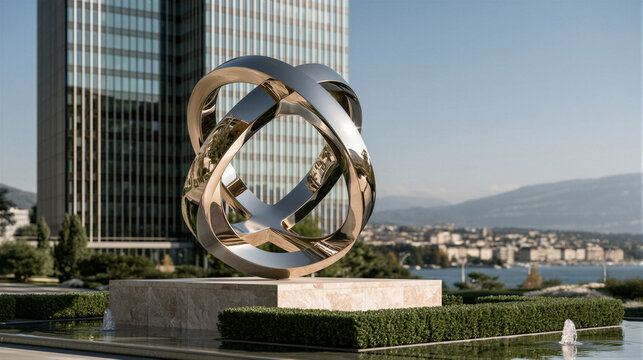 Chrome interlocking rings sculpture on marble base before glass skyscraper and lake skyline, golden autumn light, cinematic shallow depth of field photo with copy space for corporate finance branding