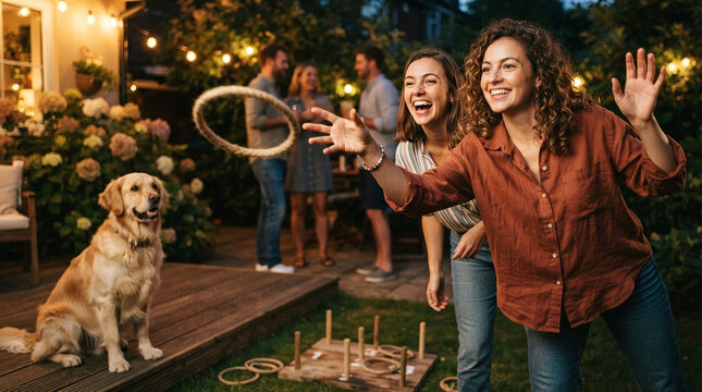 Friends and dog enjoy a backyard party playing ring toss game with string lights in the evening