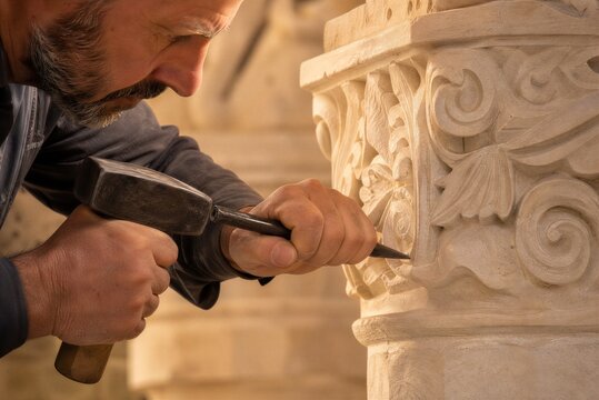 Skilled Artisan Sculpting Ornate Details on Stone Column with Chisel