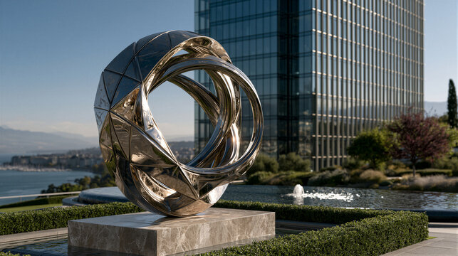 Chrome interlocking rings sculpture on marble base before glass skyscraper and lake skyline, golden autumn light, cinematic shallow depth of field photo with copy space for corporate finance branding