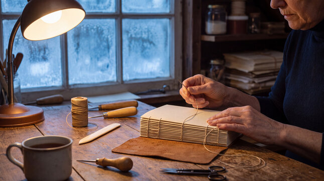 Artisan hand sewing a book binding in cozy winter workshop