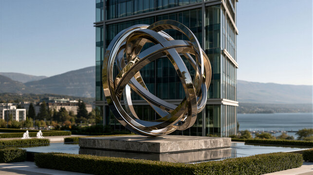 Chrome interlocking rings sculpture on marble base before glass skyscraper and lake skyline, golden autumn light, cinematic shallow depth of field photo with copy space for corporate finance branding