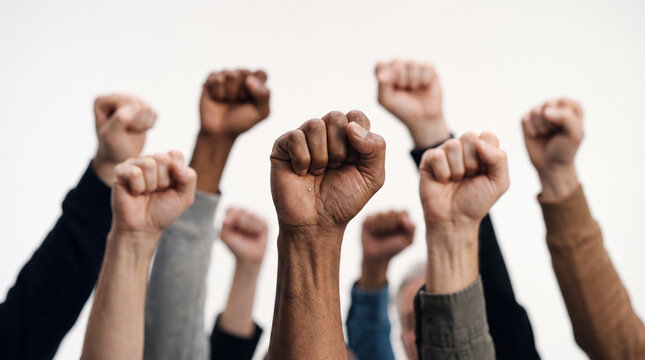 A group of diverse hands and fists raised together in unity and protest, symbolizing activism, equality, and collective power against a plain white background.