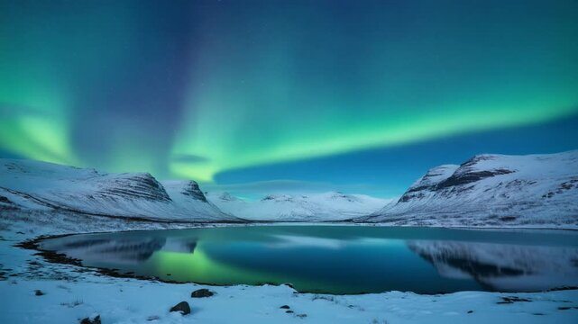 Aurora Borealis dancing above a frozen lake reflecting mountains under a clear night sky