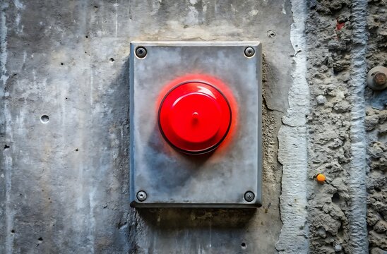 Illuminated Red Emergency Stop Button Mounted on a Grey Concrete Wall Surface alarm