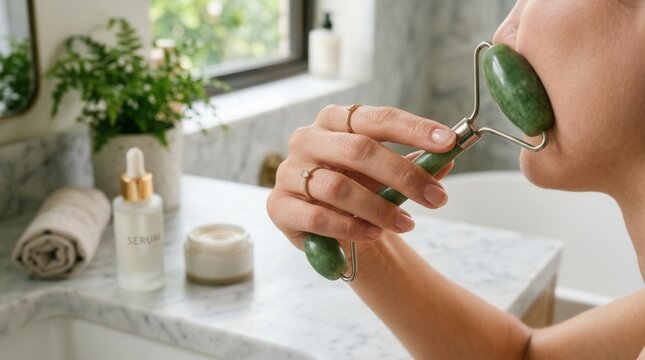 Woman performing facial massage with jade roller and serum in a luxury bathroom setting, promoting skincare and self-care routine.