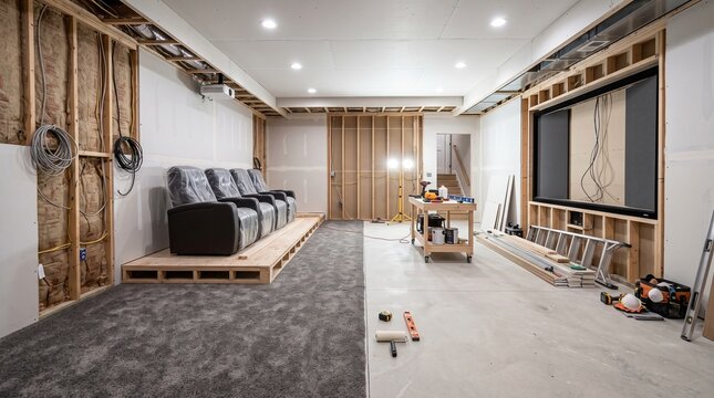 Basement Finishing Project Showcasing Flooring Installation and Home Theater Construction