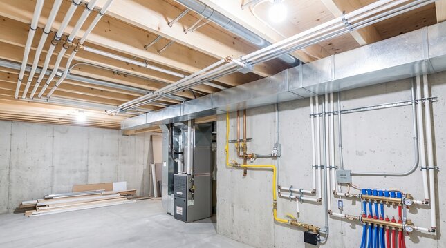 Basement Finishing Ceiling Progress with Exposed Utilities, PEX Plumbing, HVAC, and Radiant Heating Installation