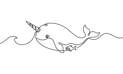 Continuous single line of a cute narwhal swimming in the ocean with a small fish, minimalist marine animal nautical theme, black ink on a white background, style © Soyaiba