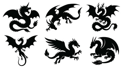 Fototapeta premium Serpentine and ornate fantasy dragon silhouette collection.