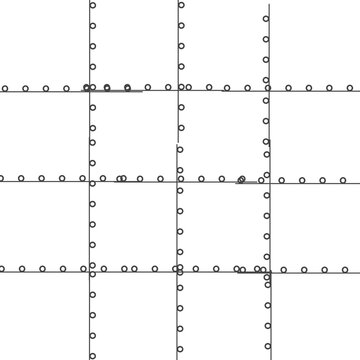 Abstract minimalist graphic grid-based visual puzzle background, featuring a combination of intersecting black lines with small circle elements along the lines, suitable for l concept.