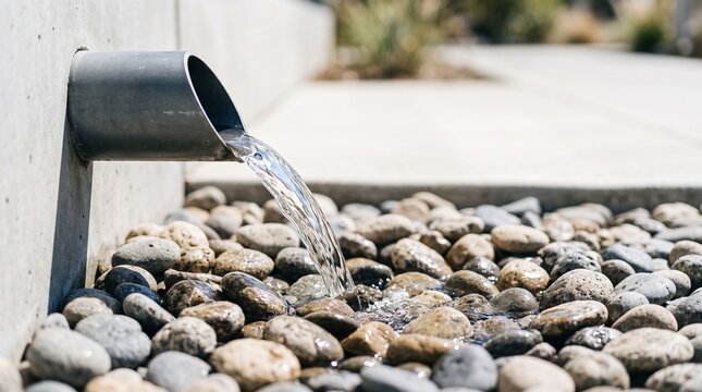 Clear water streaming from a modern drainage pipe into a tranquil bed of decorative pebbles
