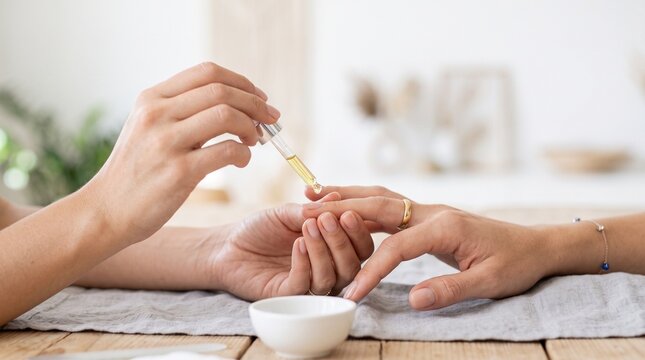 Close-up of manicurist applying nourishing oil with a dropper to client's cuticles for nail care