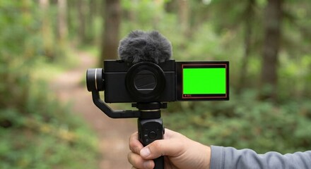 Fototapeta premium Handheld Vlogging Camera Rig with Green Screen Display in Forest