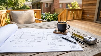 Fototapeta premium Architectural blueprints for patio and porch renovation, planning exterior finishing on a wooden deck