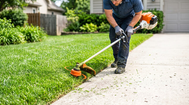 Professional landscaper meticulously trims grass along a concrete path with a powerful string trimmer