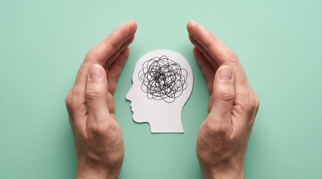 Two hands cupping a white paper silhouette of a human head with a black scribbled brain pattern on a solid light green background