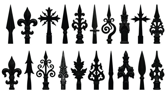 Decorative black iron fence finials featuring intricate gothic spikes and vintage ornamental metalwork design elements