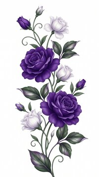 Elegant purple and white roses bouquet with green leaves in a vertical floral arrangement
