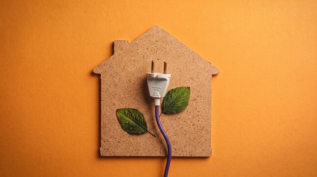 Wooden house cutout with electrical power plug and green leaves on orange background for sustainable eco friendly home energy concept
