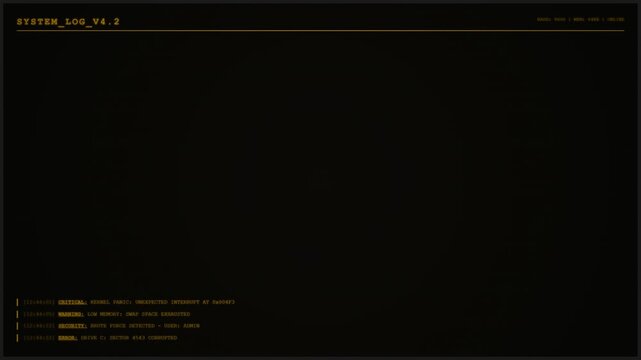Interface displaying system logs and software parameters on a dark digital screen.