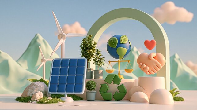 3D green energy scene with globe, solar panel and handshake
