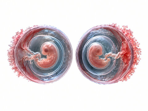 Early Stage Twin Embryos Development Inside Translucent Amniotic Sacs with Umbilical Cord