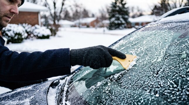 Man wearing gloves scraping ice and snow from a car windshield on a cold winter morning in a snowy suburban neighborhood, preparing the vehicle for driving after freezing weather for advertising and e