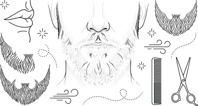 Beard and Mustache Grooming Vector Set with Barber Tools and Men Facial Hair
