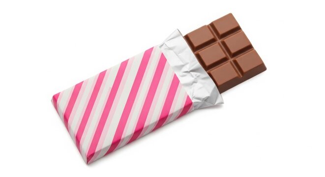 Milk chocolate bar partially unwrapped in pink and white striped foil