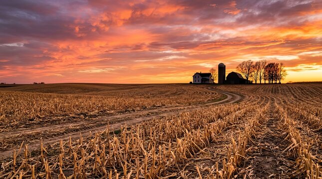 Vibrant sunset orange sky glows over harvested corn field with white farmhouse and red barn at end of winding dirt road in rural american plains.