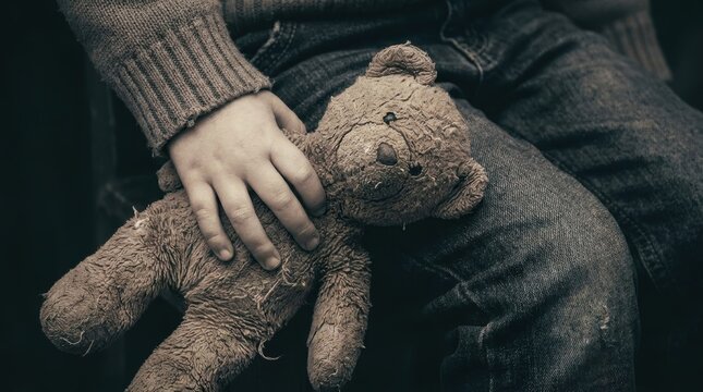 Child holding an old worn teddy bear sitting on lap with vintage tone
