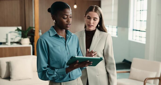Women, team and discussion with tablet in office for sales proposal, financial suggestion or idea. Tech, people and collaboration in business meeting, investment solution or help with budget advice