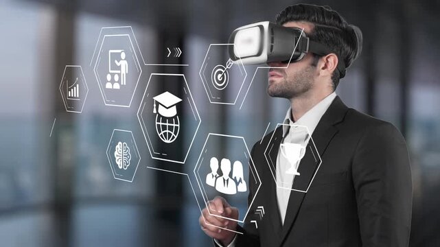 Businessman Engaged in Virtual Reality Experience with Interactive Digital Icons and Graphics in Modern Office Environment Gluon.