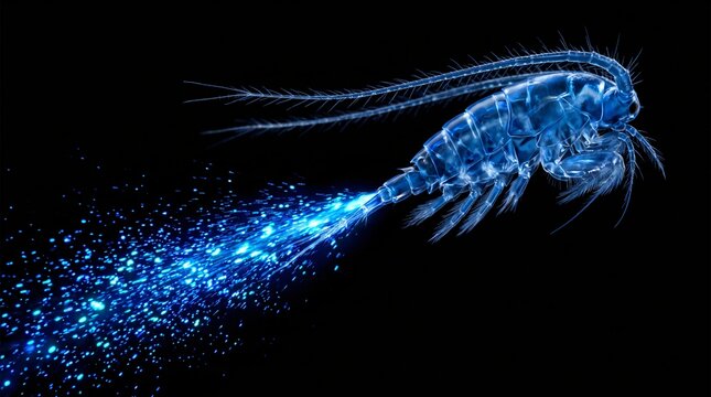 Gaussia Princeps Pelagic Copepod Crustacean Swimming in Oceanic Waters with Glowing Cobalt Blue Bioluminescent Fluid Trail for Marine Plankton Zoology Science Banner with Broad Empty Copy Space
