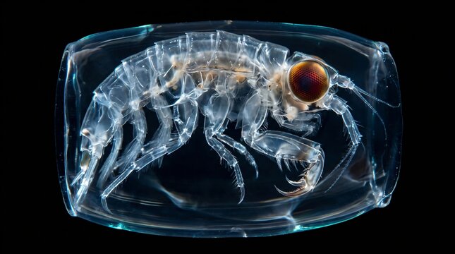 Phronima Sedentaria Deep Sea Glass Amphipod Crustacean in Abyssal Void Living in Barrel House for Marine Zoology Parasitology Biology Educational Media Banner with Large Dark Copy Space