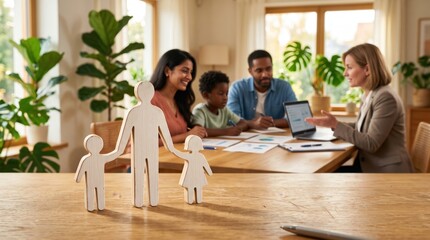 Fototapeta premium Wooden family figurine standing on a wooden desk with a blurred family meeting in a bright home office featuring a woman and child sitting at a table with a laptop and documents