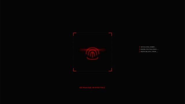 Fingerprint scanner graphic glows red inside a targeting frame on a dark digital background with technical text data.