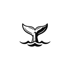 Whale tail fin emerging from ocean waves simple black and white illustration. © h4kunA