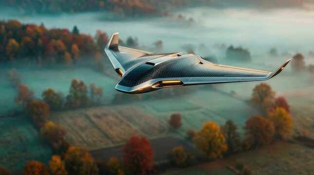 Futuristic autonomous drone flying over a misty autumn landscape