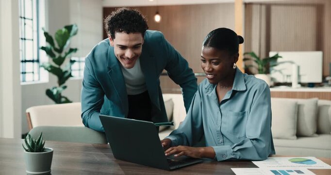 Laptop, winning and business team with high five in office for company success or good news. People, businessman or woman with smile, tablet or computer for performance or achievement in workplace