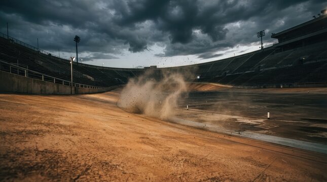 Dramatic Storm Clouds Loom Over Abandoned Dirt Oval Race Track With Dust Swirls In The Empty Arena Under A Moody Sky Before A Big Outdoor Competition