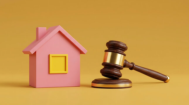 Pink house with gavel on wooden block