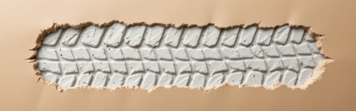 Close-up of a detailed tire tread pattern imprint on a beige surface.