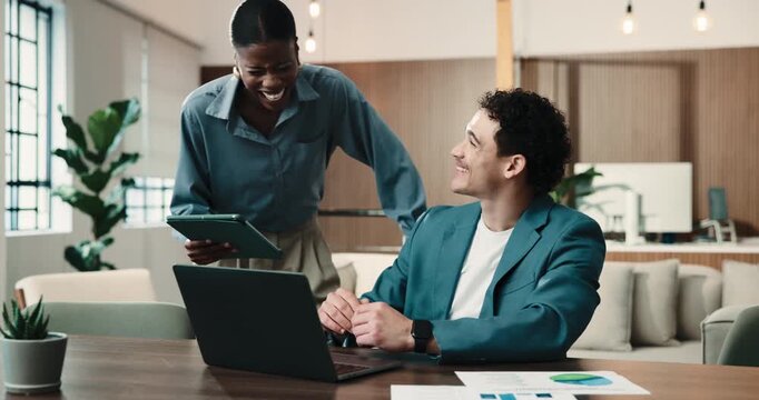 Laptop, winning and business people with high five in office for company success or good news. Happy, businessman or woman with smile, tablet or computer for team performance achievement in workplace