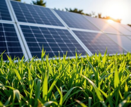 Solar panels absorb sunlight above green grass on a sunny day with clear skies.